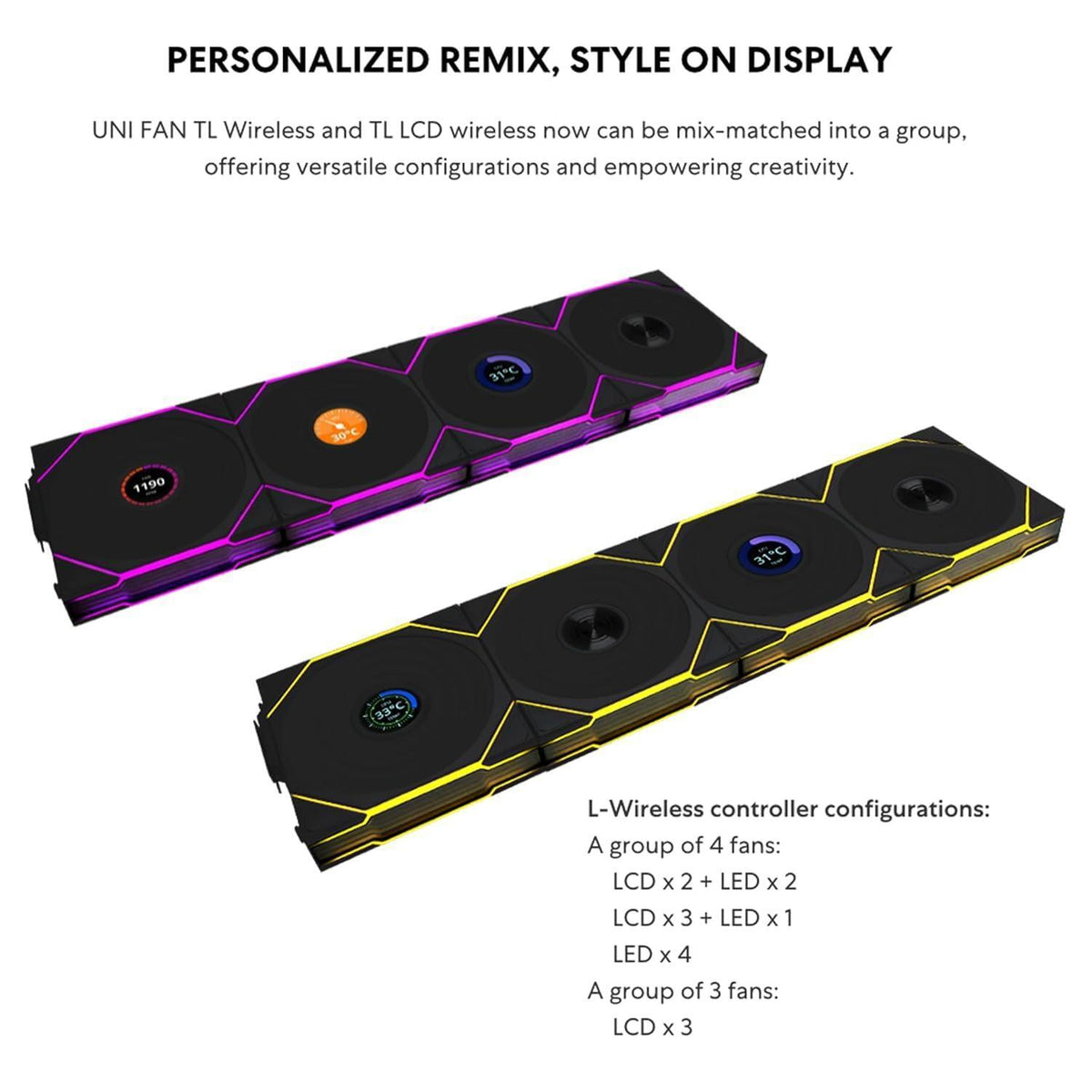 Lian Li UNI Fan TL LCD Wireless 120-Triple Pack (Reverse Blade)-2.4 GHz Wireless Signal ARGB Fan-Infinity Mirror-Daisy-Chain-Customizable Lighting-Controller Included & Required - White (12RTLLCD1W3W)