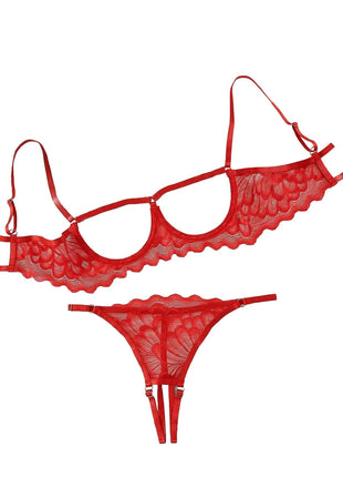Lilosy Women's Sexy Underwire Floral Lace Sheer Bachelorette Lingerie Set See Through Bra and Panty 2 Piece Red Medium