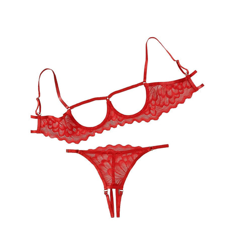 Lilosy Women's Sexy Underwire Floral Lace Sheer Bachelorette Lingerie Set See Through Bra and Panty 2 Piece Red Medium