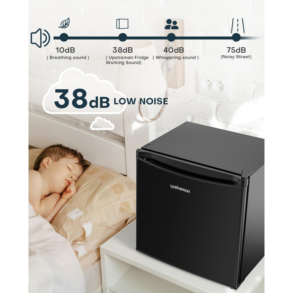 Upstreman 1.7 Cu.ft Mini Fridge with Freezer, Dorm Essentials, Adjustable Thermostat, Energy Saving, Low Noise, Single Door Compact Refrigerator for Dorm, Office, Bedroom, Black-FR17