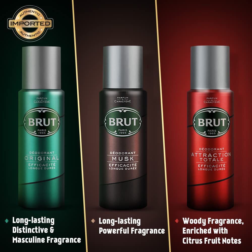 Brut Original, Musk and Attraction Deodorant Spray for Men, Long-Lasting Masculine Fragrance, Imported, 200 ml (Buy 2 Get 1)