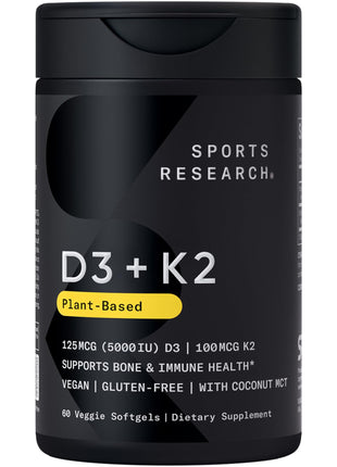 Sports Research® Vitamin D3 + K2 w/ Coconut Oil - Vegan Vitamin D 5000iu & Mk7 Vitamin K 100mcg for Bone & Immune Support - Vegan Certified · Non-GMO · Soy Free - 60 Softgels
