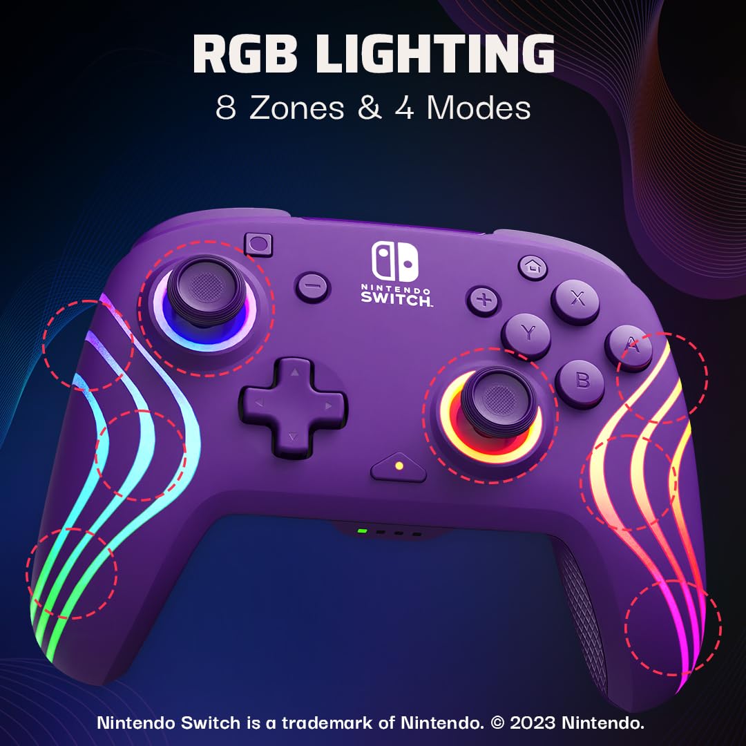 PDP Afterglow Wave Wireless RGB Gaming Controller - Nintendo Switch/Switch Lite/Switch - OLED Model, Nintendo Switch 2, LED Lighting, Rechargeable Battery - Purple