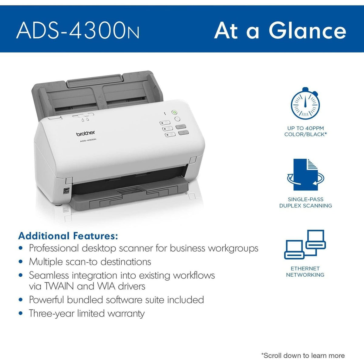 Brother ADS-4300N Professional Desktop Scanner with Fast Scan Speeds, Duplex, and Networking,White