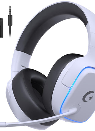 Gvyugke 2.4GHz Wireless Gaming Headsets for PS5, PS4, PC, Switch - Bluetooth 5.3 Gaming Headphones with Noise Canceling Mic, 7.1 Surround Sound, 70H Battery, Blue Lighting - White