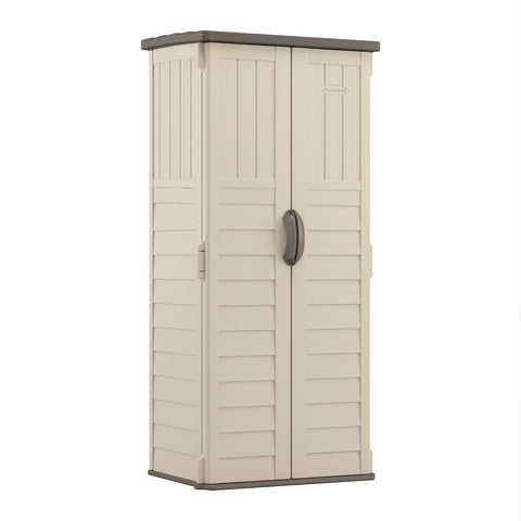 Suncast Vertical Outdoor Storage Shed with Reinforced Floor, Lockable Double Doors, All-Weather Construction, and Multi-Wall Panels, Vanilla, Made in the USA