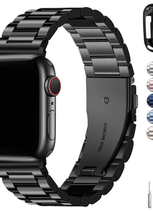 Fullmosa Band Compatible with Apple Watch 44mm 45mm 42mm, Stainless Steel iWatch Band for Apple Watch Se 2 Series 9/8/7/6/5/4/3/2/1(Black, 42mm/44mm/45mm)