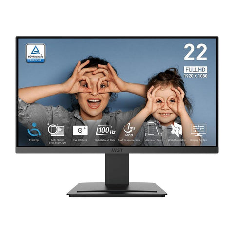 MSI PRO MP223 E2, 22-inch VA 1920 x 1080 (FHD) Computer Monitor, 100Hz, Adaptive-Sync, HDMI, Video Port, Display Port, VESA Mountable, Tilt, 1ms, Black