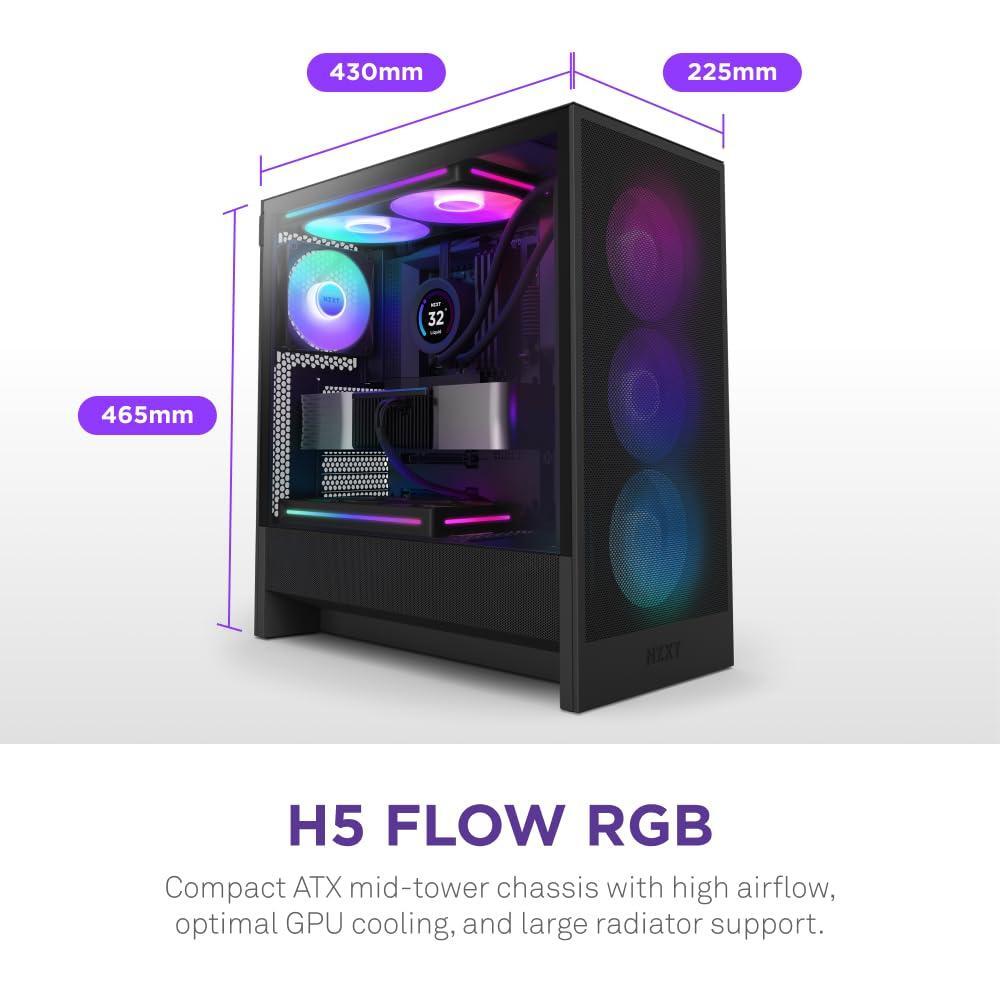 NZXT H5 Flow RGB 2024 - Compact ATX Mid-Tower PC Gaming Case - High Airflow - F360 RGB Core (CV) Included - 360mm Front & 240mm Top Radiator Support - Cable Management - Tempered Glass - Black