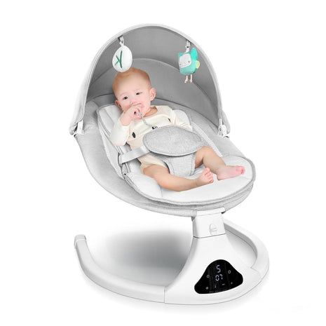 Electric Baby Swing with Remote Control,5 Speeds&Portable&Cozy(0-12M,Grey) | Safety lock&secure harness,12 melodies&Bluetooth,8/15/30min timer,lightweight indoor/outdoor,soft washable seat,easy assembly