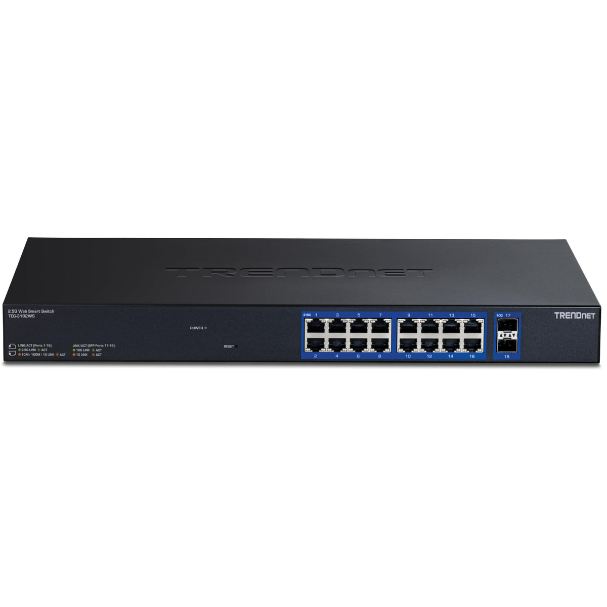 TRENDnet 18-Port Multi-Gig Web Smart Switch, TEG-3182WS, 16 x 2.5Gb Ports, 2 x 10Gb SFP+ Ports, NDAA TAA Compliant, Lifetime Protection, Remote Cloud Management, Black
