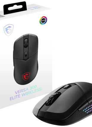 msi Versa 300 Elite Wireless Gaming Mouse - 26000 DPI Optical Sensor, 1000 Hz Polling Rate, Symmetrical, 60M+ Click OMRON Switches, 6 Buttons, 200-Hour Battery, 1ms Latency, RGB, 65g - Wired/Wireless