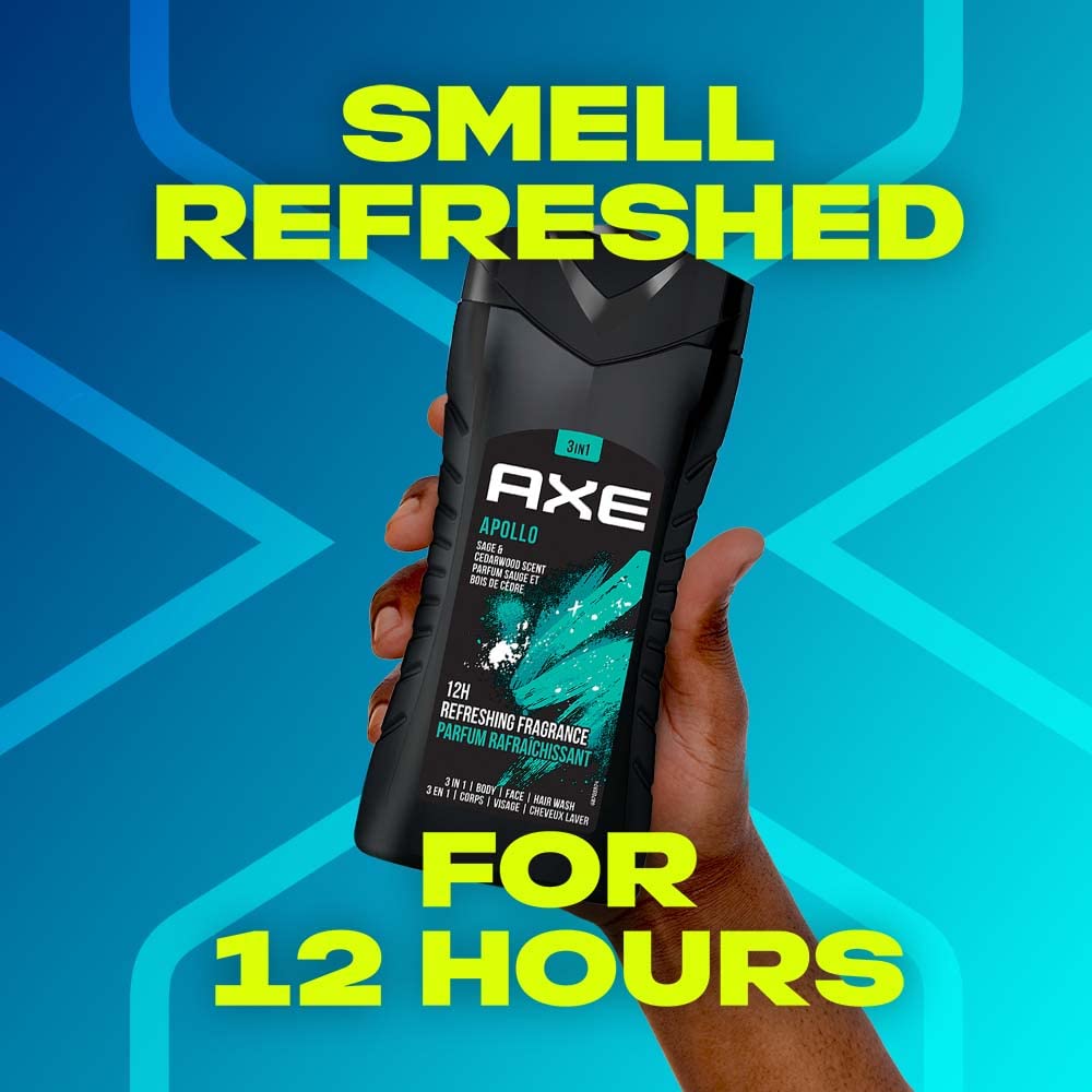 Axe Apollo 3 In 1 Body, Face & Hair Wash for Men, Long-Lasting Refreshing Sage & Cedarwood Fragrance for Up To 12hrs, Natural Origin Ingredients, No Parabens, Dermatologically Tested, 250ml