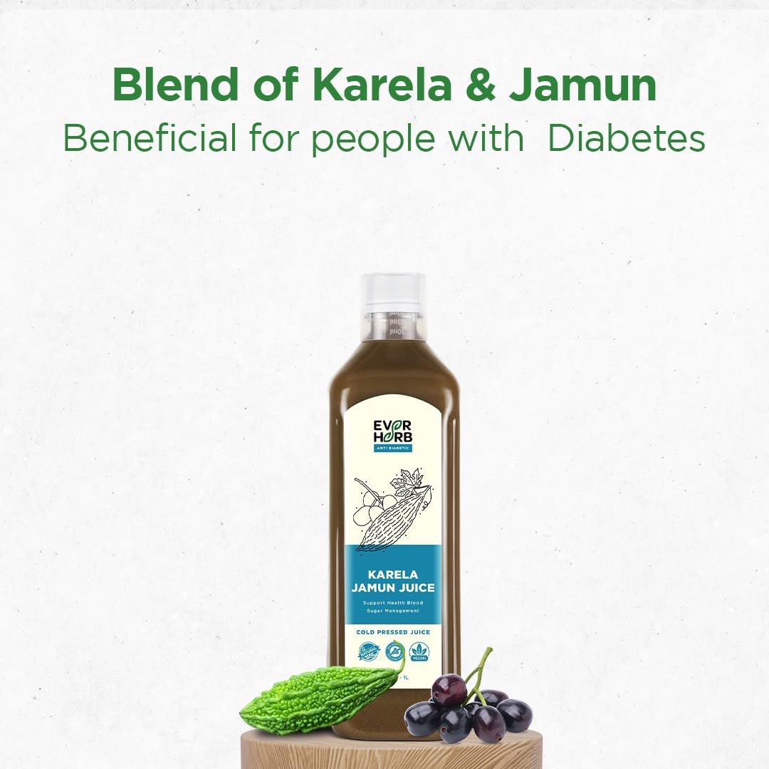 Everherb (by PharmEasy) Karela Jamun Juice for Diabetes - 1L | Helps control Blood Sugar Level & Weight Management | Ayurvedic 100% Natural Sugar Free | Suitable for diabetes & prediabetes - 1000ml