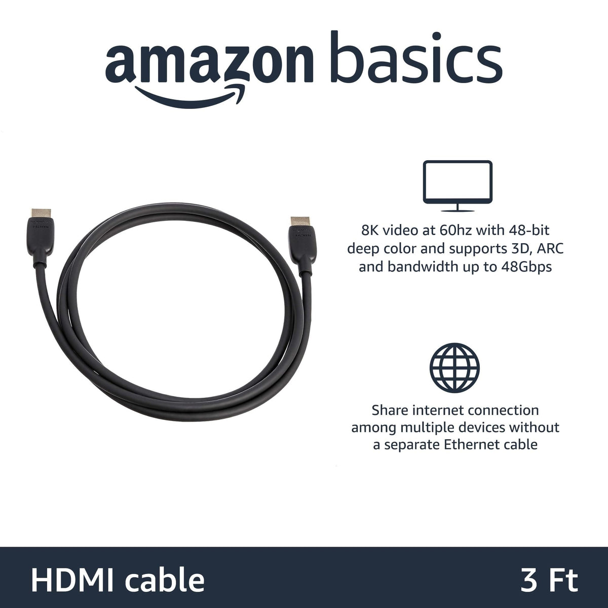 Amazon Basics HDMI Cable, 3 Feet, HDMI 2.1 to HDMI Cable (48Gbps), 8K@60Hz 4K@120Hz Certified Ultra High Speed, Black, Compatible with PS5/Xbox/TV/Monitor