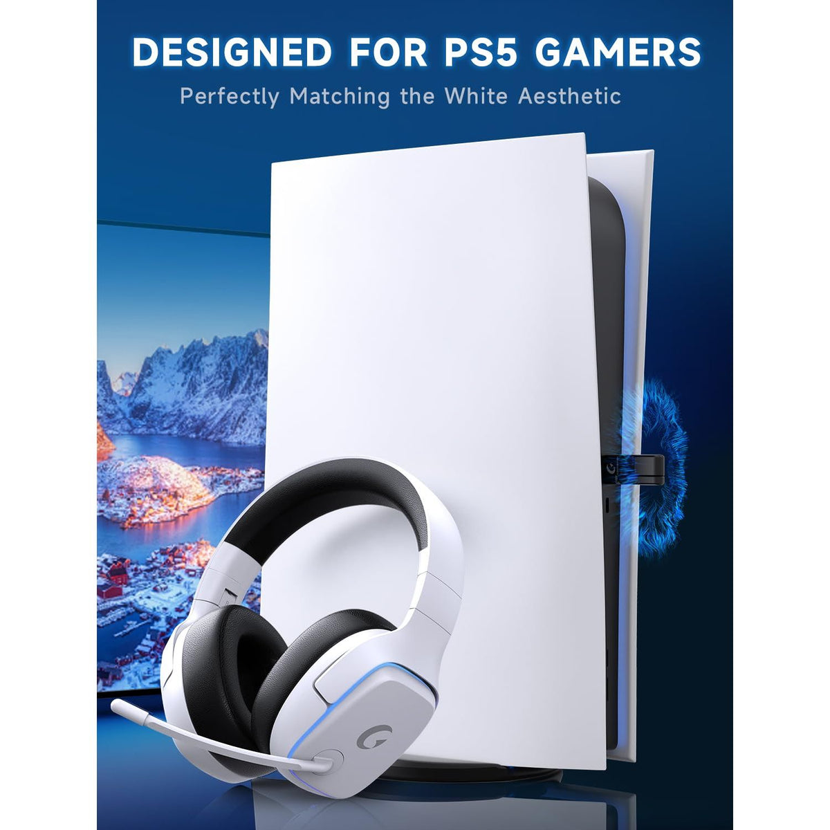 Gvyugke 2.4GHz Wireless Gaming Headsets for PS5, PS4, PC, Switch - Bluetooth 5.3 Gaming Headphones with Noise Canceling Mic, 7.1 Surround Sound, 70H Battery, Blue Lighting - White