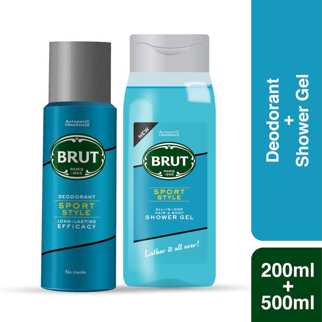 Brut Sport Style Deodorant, 200ml + Sport Style All In One Hair & Body Shower Gel For Men, 500ml