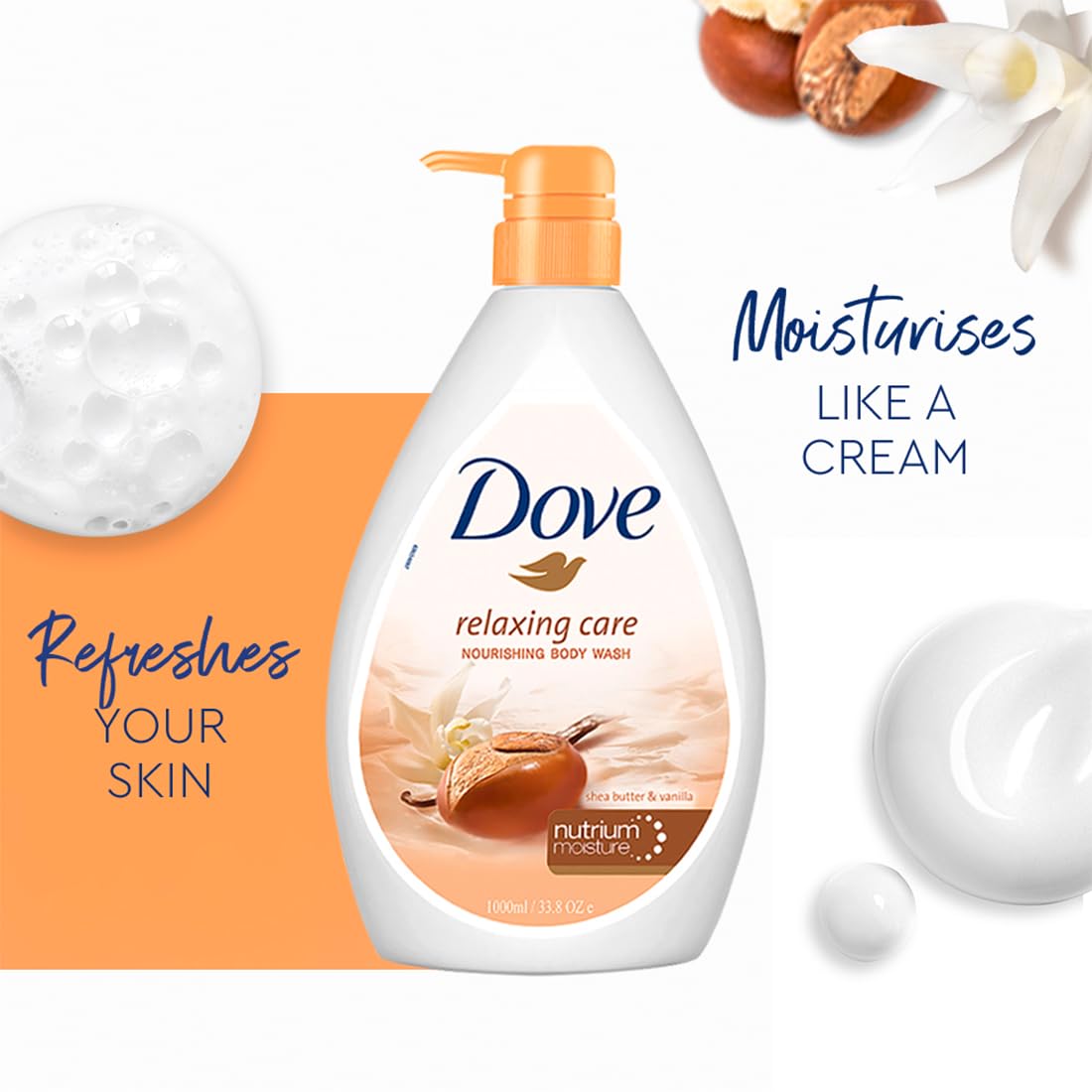 Dove Relaxing Shea Butter Body Wash with Vanilla for Soft Skin, Soothing Scent, 1L