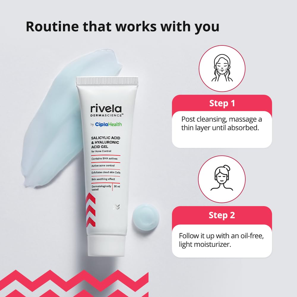 Rivela Dermascience Anti-Acne Gel By Cipla | For Active Acne, Oil Control, Smooth and Supple Skin | With Salicylic Acid & Hyaluronic Acid | 30 ml