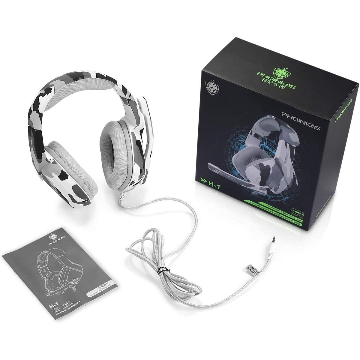 PHOINIKAS Gaming Headset for PS4, Xbox One, PC, Laptop, Mac, Nintendo Switch, 3.5MM PS4 Stereo Headset Over Ear Headphones with Noise-Cancelling Mic, Bass Surround - Camo