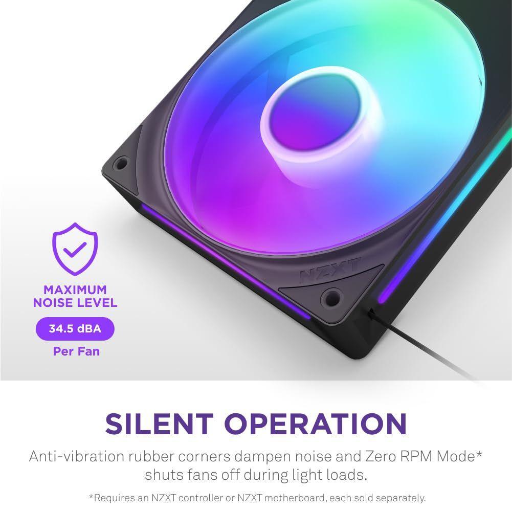 NZXT F420 RGB Core - 420mm Single-Frame Fan Unit with 3 x 140mm RGB Fans - Speed & Lighting Control - High Static Pressure & Airflow - Fluid Dynamic Bearings - 8 aRGB LEDs Per Fan - Black