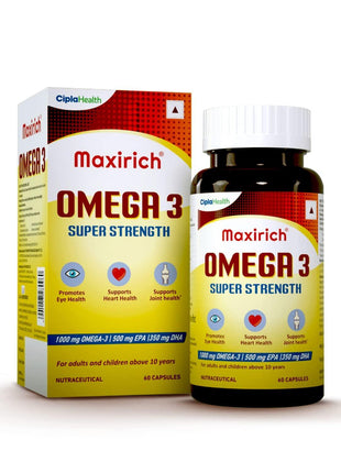 Cipla Maxirich Omega 3 | Super Strength Capsule | EPA 500mg | DHA 350mg | Immune Booster Capsules | Supports Heart, Eye, Joint & Brain Health | 60 Capsules