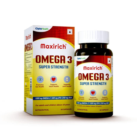 Cipla Maxirich Omega 3 | Super Strength Capsule | EPA 500mg | DHA 350mg | Immune Booster Capsules | Supports Heart, Eye, Joint & Brain Health | 60 Capsules