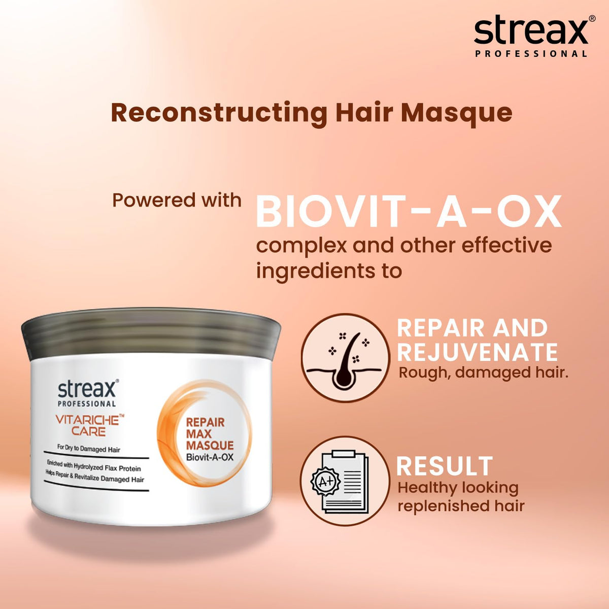 Streax Professional Vitariche Care Smooth and Shine Hair Mask For Women- Hairmask Enriched with Biovit-A-OX Complex, Hydrolyzed Silk Protein, and Vitamins- For Soft, Smooth, and Rejuvenated Hair, 200g