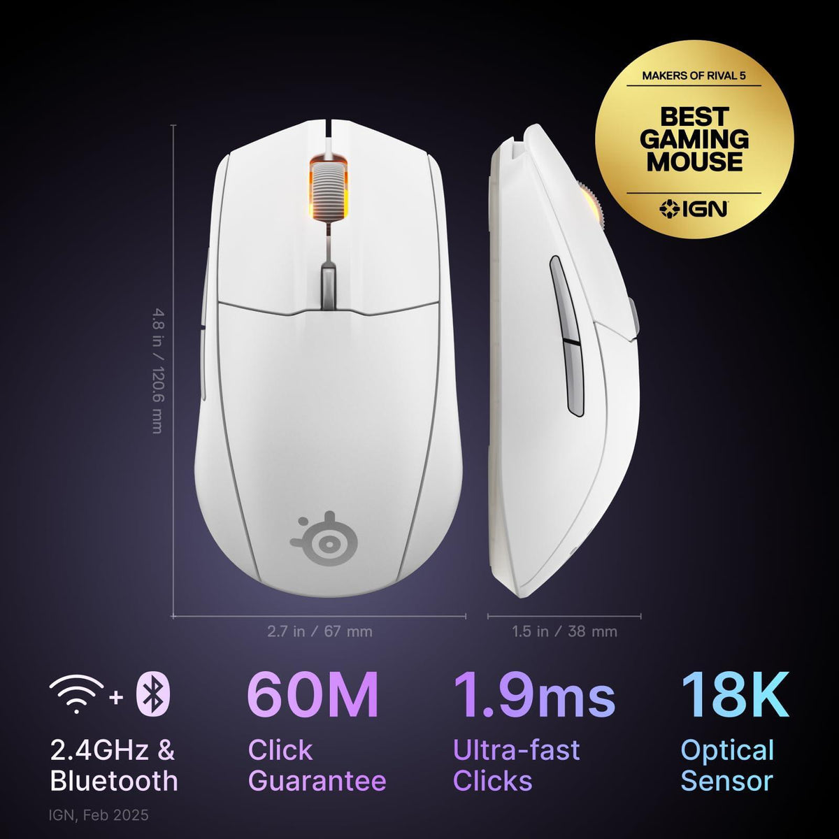 SteelSeries Rival 3 Wireless Gen 2 Gaming Mouse — 2.4GHz and Bluetooth — 18000 DPI TrueMove Air Optical Sensor — 60 Million Click Durability — Light-Weight — 100% PTFE Feet — White