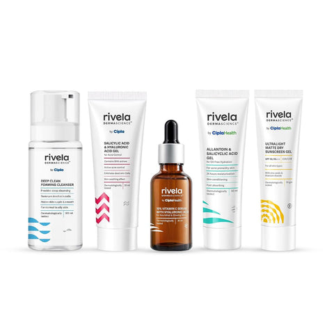 Rivela Dermascience Anti Aging Routine Set | Foaming Cleanser (100ml), Salicylic Acid Gel (30ml), 10% Vitamin C Serum (10ml), Allantoin Gel (50ml) & Sunscreen Gel (50gm) | 5 Items in Set