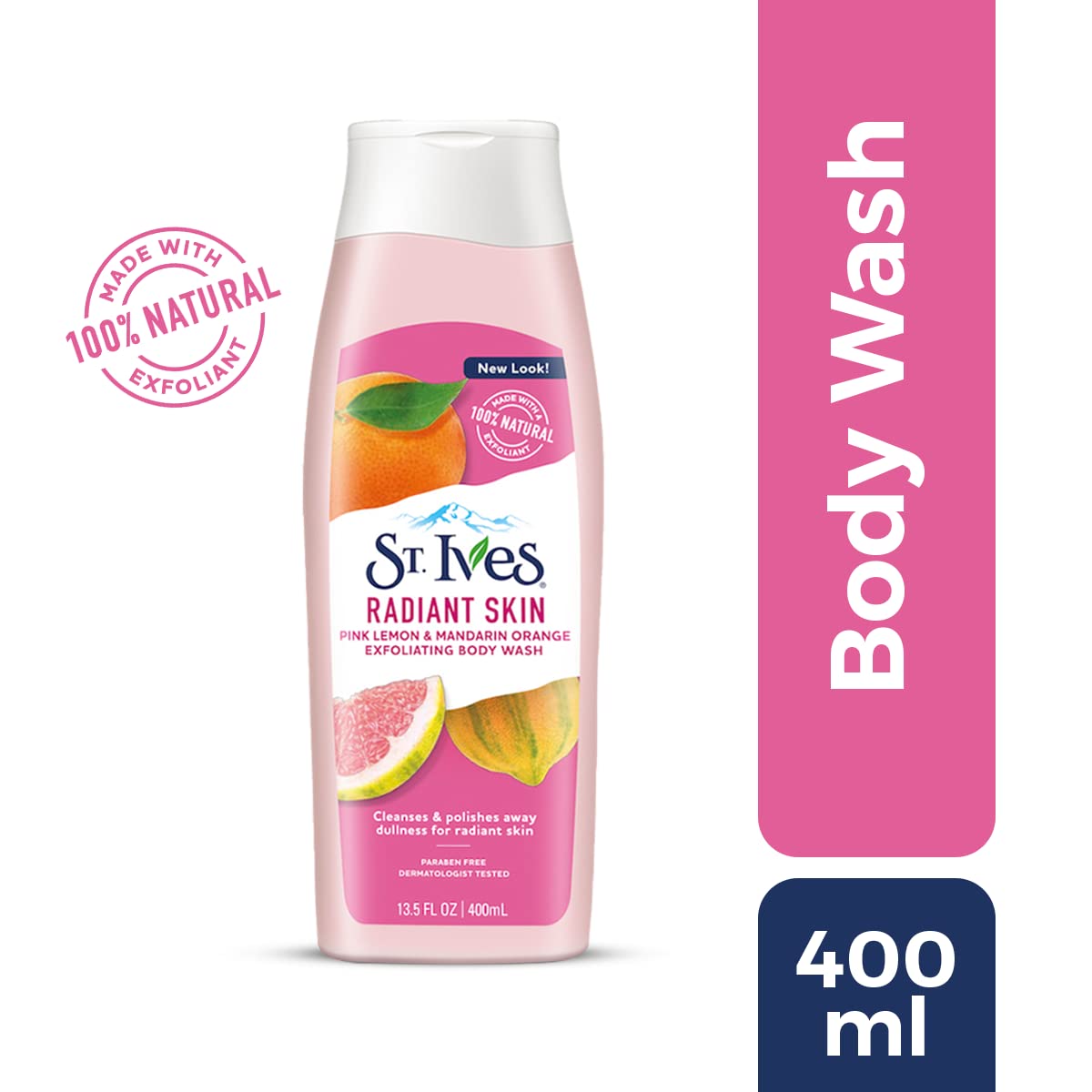 St. Ives Exfoliating Body Wash & Shower Gel for Women with Pink Lemon & Mandarin Orange, Gives Radiant & Polished Skin, Mild Cleanser moisturising Liquid Body Wash with 100% Natural Extracts, Paraben-Free Bath Gel, Dermatologically Tested, 400ml