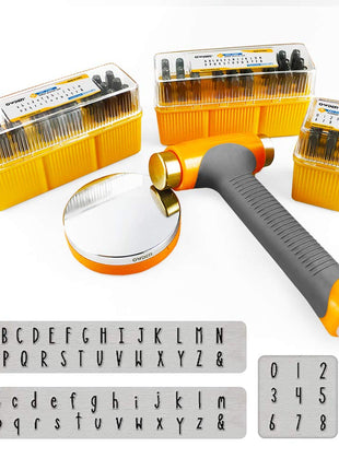 OWDEN Metal Stamps for Jewelry Making, Art Font Uppercase Letter Punch Set and Art Font Lowercase Letter Punch wtih 1 Set Number Punch Set Size:1/8 inch,3mm Stamps Hammer and Steel Bench Block