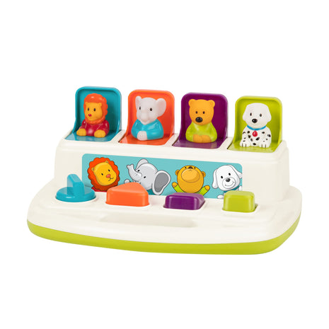 Battat Pop-Up Toy, Pop-Up Pals Cause-and-Effect Animal Toy, Toddler, 4 Pals | 4 animal pals pop up with turn, press, flip, and slide actions; colors, shapes, carry handle, Toddler, 4 Pals; 18+ Months