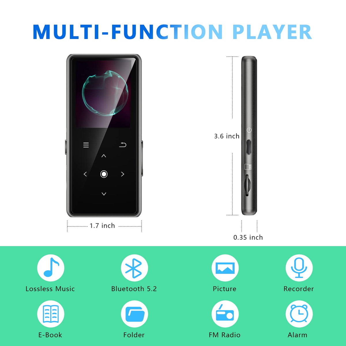 64GB MP3 Player with Bluetooth 5.2, AiMoonsa Music Player with Built-in HD Speaker, FM Radio, Voice Recorder, HiFi Sound, E-Book, Earphones Included