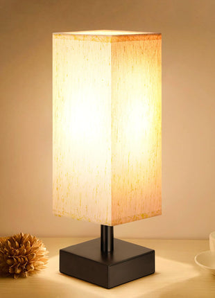aooshine Small Bedside Table Lamp for Bedroom - Square Cream Fabric Shade | Inline Rocker Switch, Corded Electric, Bulb Not Included, 12.8" Mini Table Lamp for Nightstand, Desk, Dorm, Office