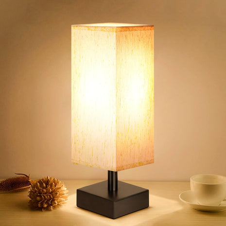 aooshine Small Bedside Table Lamp for Bedroom - Square Cream Fabric Shade | Inline Rocker Switch, Corded Electric, Bulb Not Included, 12.8" Mini Table Lamp for Nightstand, Desk, Dorm, Office