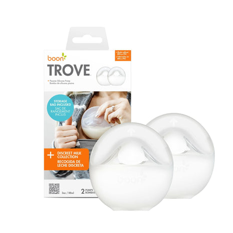 Boon Trove Silicone Manual Breast Pump - Discreet Milk Collector - 2 Count | Hands Free Breast Pump, Includes Canvas Travel Pouch, Breastfeeding Essentials, Passive Suction, Collects Up To 3 Ounces