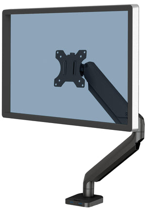 Fellowes Platinum Series Single Monitor Arm for 40-Inch Monitors, Full Motion, 360° Rotation, VESA Mount with Grommet or Clamp, USB Ports, Ergonomic, Black, 8043301