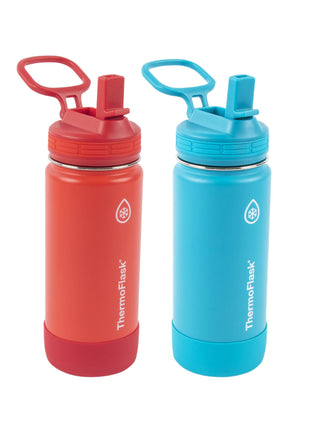 ThermoFlask Kids 16 oz Insulated Water Bottles with Straw Lid BPA-Free Stainless Steel Leakproof & Spill-Proof Design Easy Clean Wide Mouth 2-Pack for School, Sports, Playdates, Red/Blue