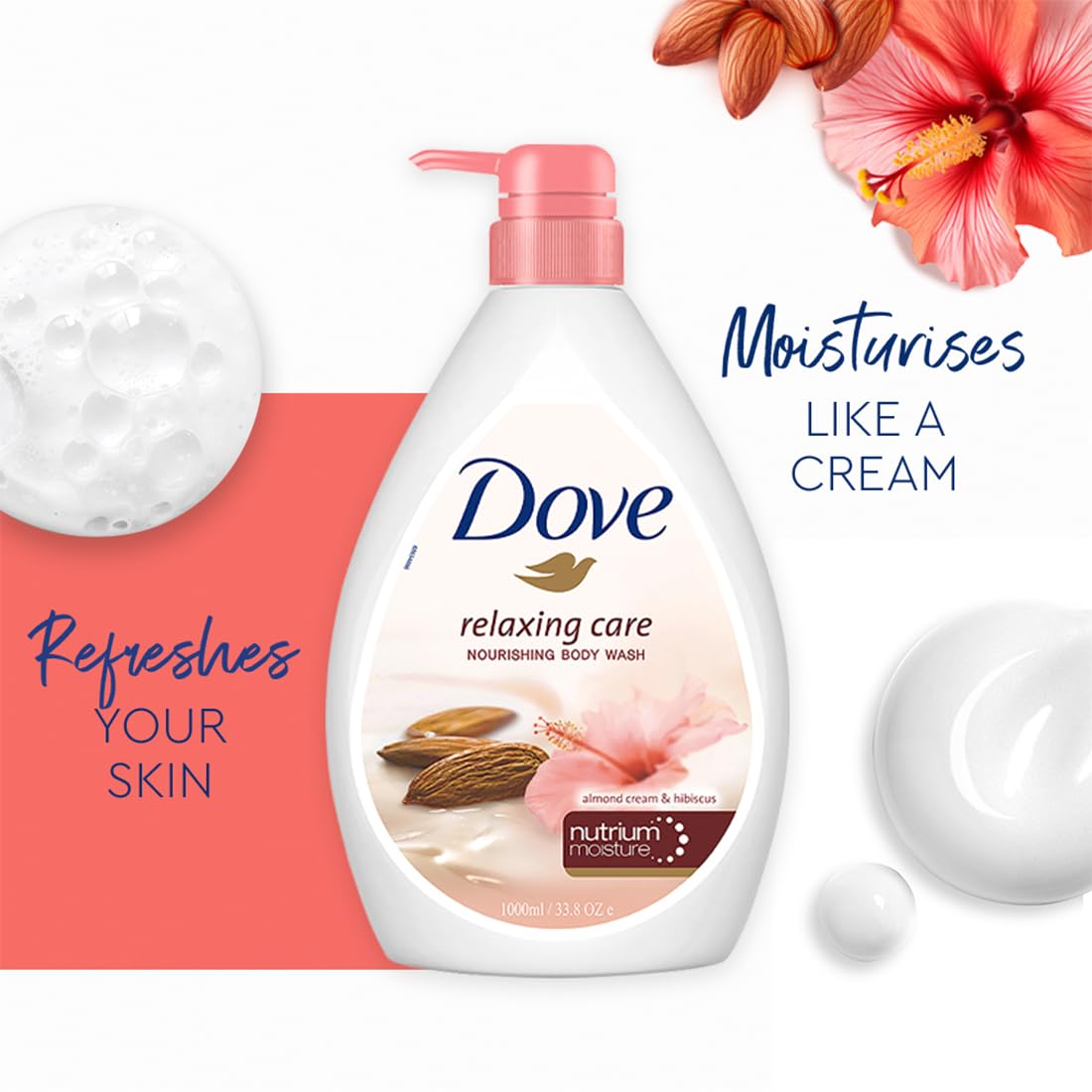 Dove Relaxing Almond Cream Body Wash with Hibiscus for Smooth Skin, Soft & Sweet Scent 1L