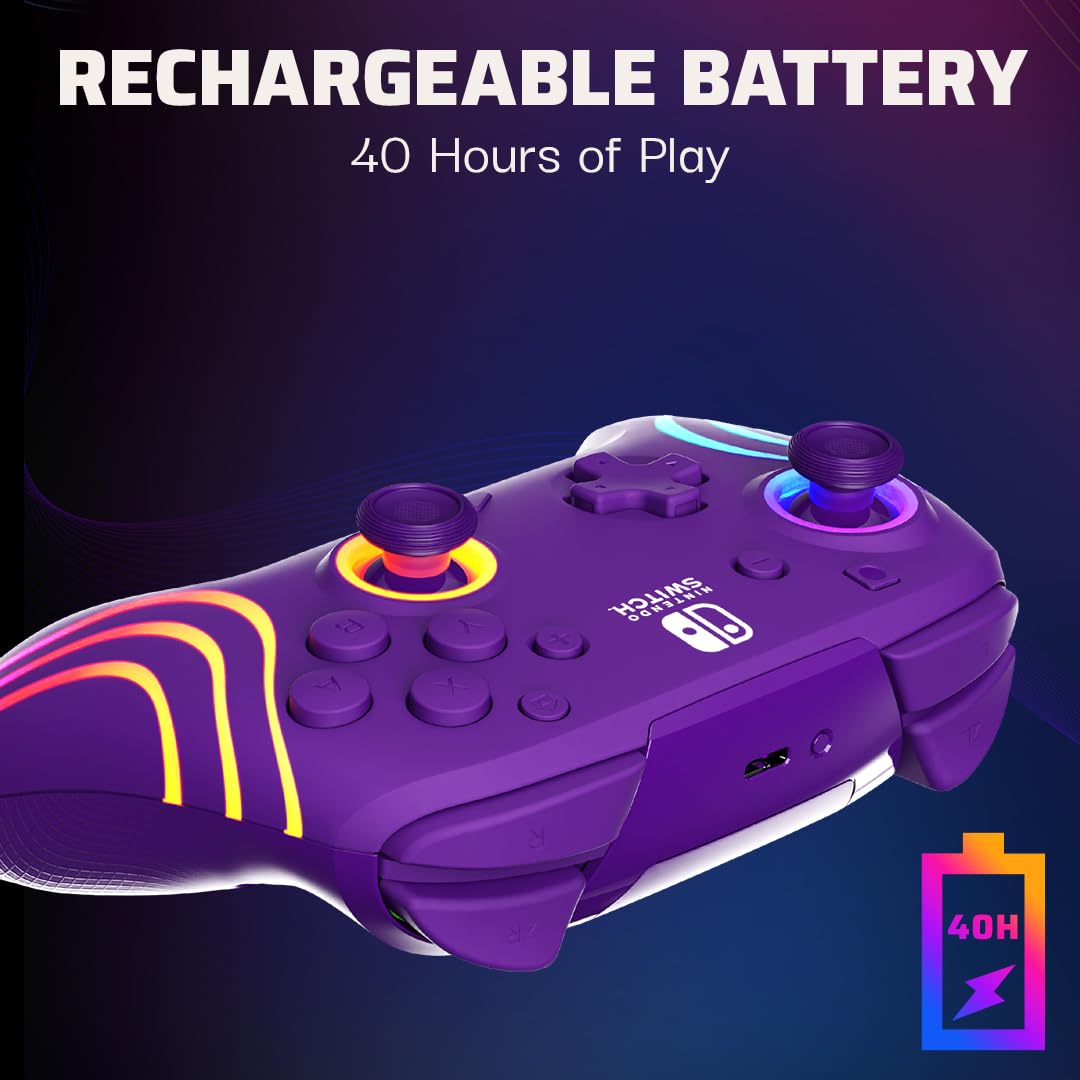 PDP Afterglow Wave Wireless RGB Gaming Controller - Nintendo Switch/Switch Lite/Switch - OLED Model, Nintendo Switch 2, LED Lighting, Rechargeable Battery - Purple