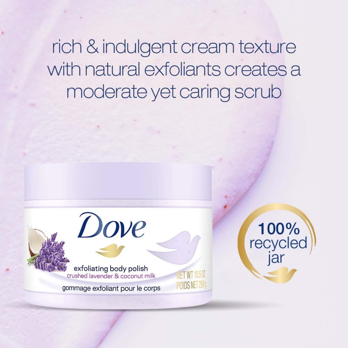 Dove Exfoliating Body Polish Scrub with Crushed Lavender & Coconut Milk for Dry Skin, Gently Exfoliates & Removes Dead Skin, Naturally Derived Ingredients, Sulfate-Free, Soothing Scent, 298 g