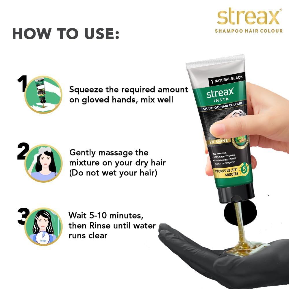 Streax Shampoo Hair Colour, 200 ml I Squeeze Pack with Natural Extracts I Hair colour for Men I Hair colour for Women I Long Lasting Formula I Colours in 5 Minutes, Natural Black