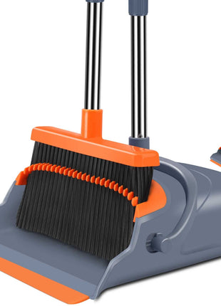 kelamayi Upgrade Broom and Dustpan Set, Self Cleaning with Dustpan Teeth, Indoor&Outdoor Sweeping, Ideal for Dog Cat Pets Home Use, Stand Up Broom and Dustpan (Gray&Orange)