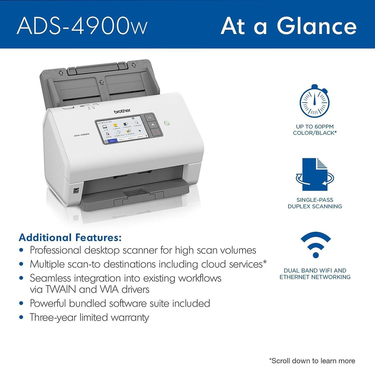 Brother ADS-4900W Professional Desktop Scanner with Fast Scan Speeds, Duplex, Wireless, and Large Touchscreen, White