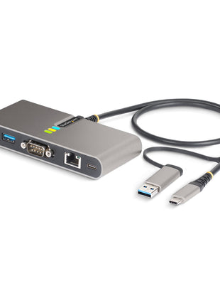 StarTech.com 2-Port USB-C Hub with Gb Ethernet and RS232 FTDI Serial, Attached USB-C to USB-A Dongle, 100W PD Pass-Through, 2X USB-A 5Gbps
