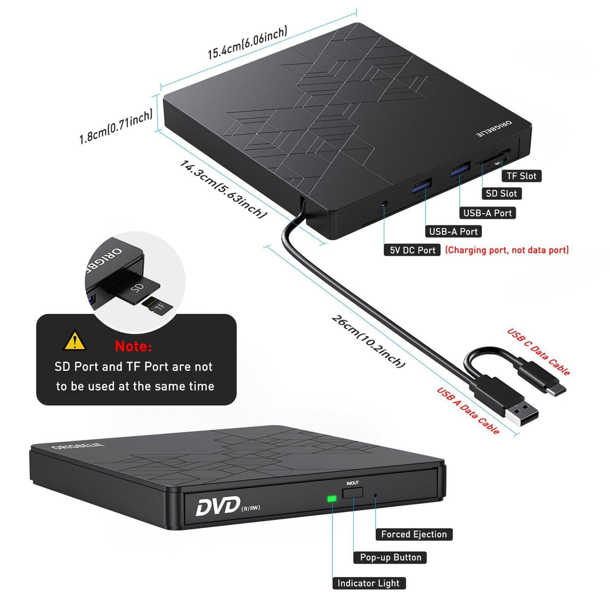 ORIGBELIE External DVD Drive, CD Drive USB 3.0 Typle C CD/DVD ROM +/-RW Adapter with USB Port DVD Burner for Laptop PC Desktop Computer, Optical Disk Drive CD Player Compatible with Mac Windows Linux