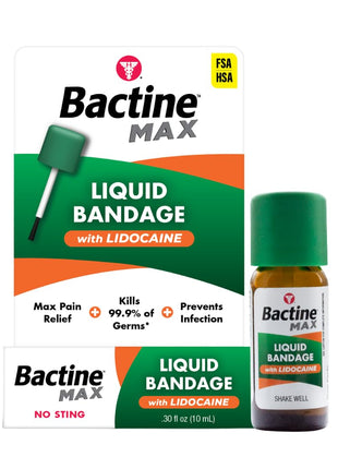 Bactine MAX Liquid Bandage with Lidocaine, Wound Cleaning Solution That Kills 99% of Germs, Covers and Protects Skin, Fast-Drying Protective Seal, 0.30 fl oz