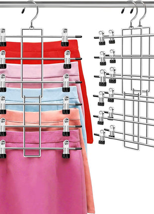 Pants Hangers with Clips,Space Saving Hanging Closet Organizer-6 Tiers Skirt Hangers with 360° Swivel Hook,Closet Organizer-Clothes Hangers- College Dorm Essentials Apartment Essentials-2 Pack