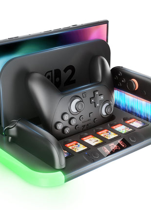 HEYSTOP Switch 2 Charging Dock Heat Dissipation Station, Pro Controller Charger for Nintendo Switch 2 Pro Controller and Joy Cons,with RGB,Game Card Slot*6,Cooling Fan,Fast-Magnetic Charge Storage
